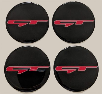 red gt overlays with white outline for the kia stinger wheel center caps